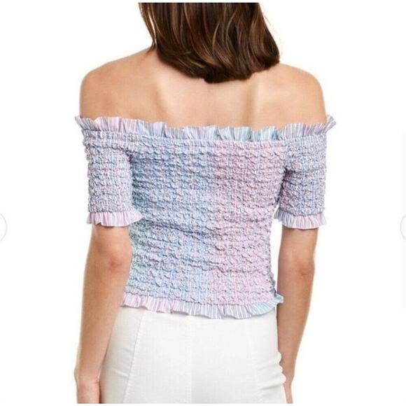 Petersyn Kinsey Top Ruffle Smocked Off The Shoulder Blue Pink Vacation XS NWT - Picture 2 of 9